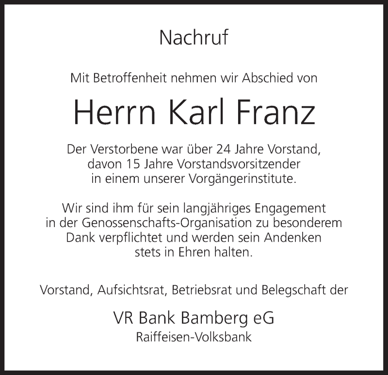  Traueranzeige für Karl Franz vom 18.09.2019 aus MGO