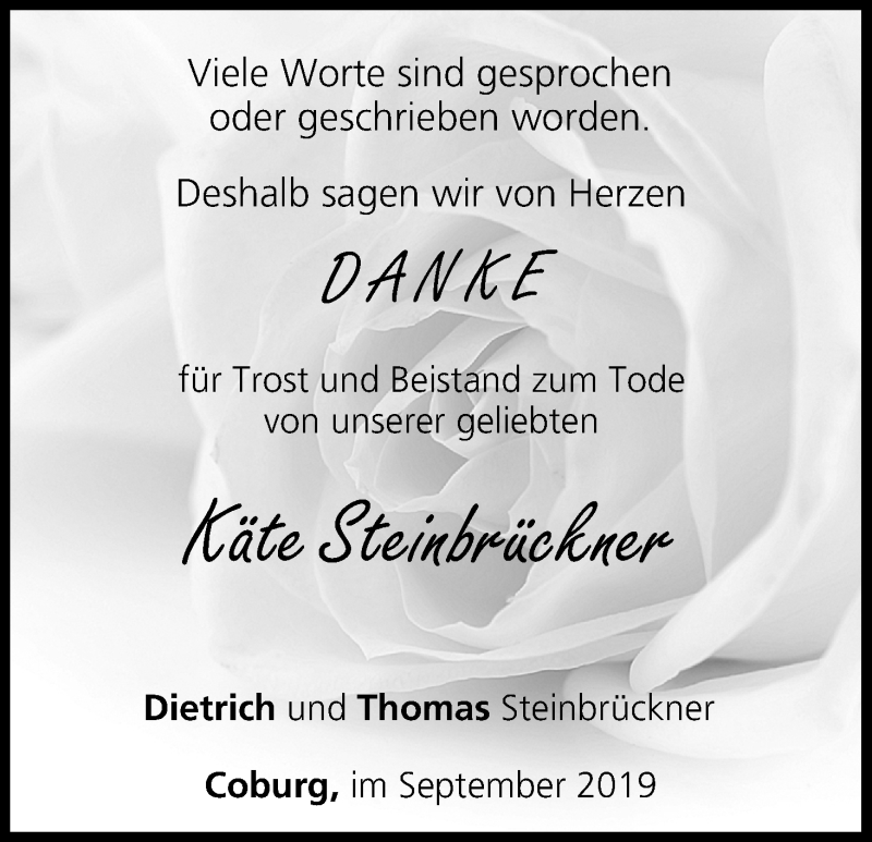  Traueranzeige für Käte Steinbrückner vom 07.09.2019 aus MGO