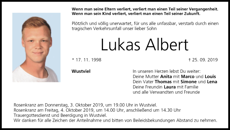  Traueranzeige für Lukas Albert vom 28.09.2019 aus MGO