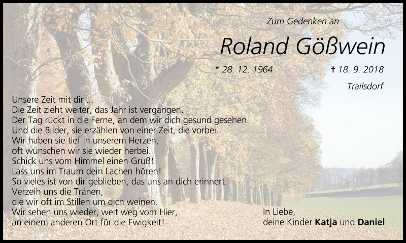  Traueranzeige für Roland Gößwein vom 18.09.2019 aus MGO