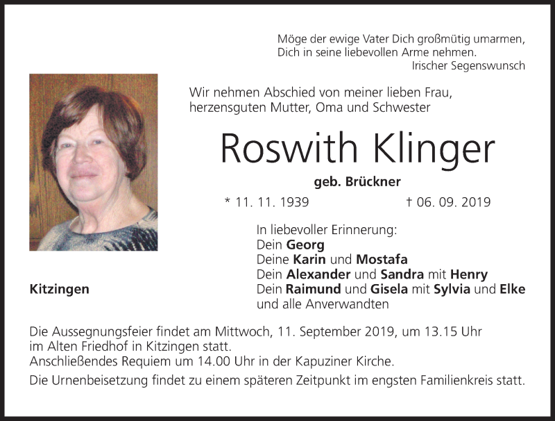  Traueranzeige für Roswith Klinger vom 10.09.2019 aus MGO