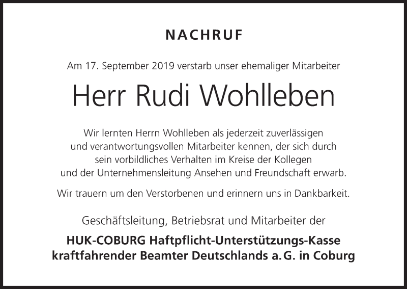  Traueranzeige für Rudi Wohlleben vom 27.09.2019 aus MGO