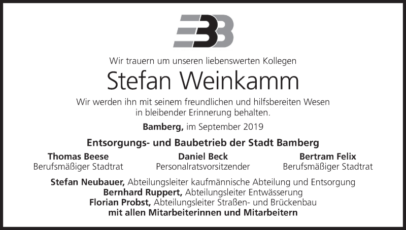  Traueranzeige für Stefan Weinkamm vom 28.09.2019 aus MGO