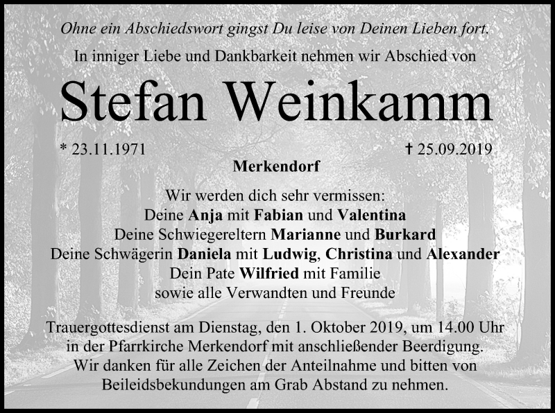  Traueranzeige für Stefan Weinkamm vom 28.09.2019 aus MGO