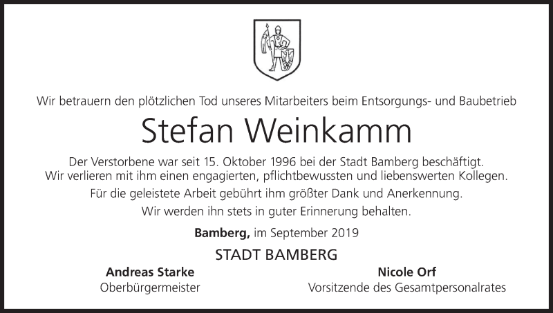  Traueranzeige für Stefan Weinkamm vom 28.09.2019 aus MGO