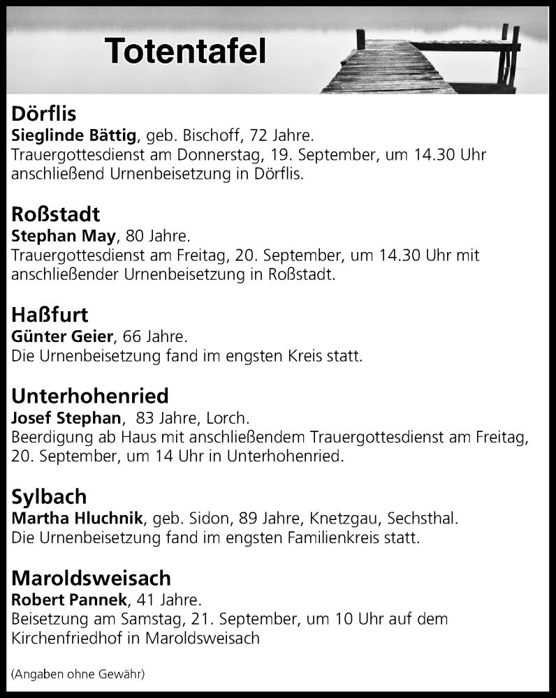 Traueranzeige für Totentafel vom 19.09.2019 vom 19.09.2019 aus MGO