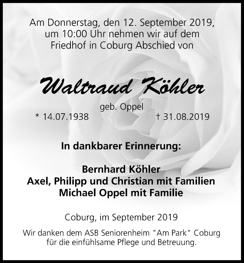  Traueranzeige für Waltraud Köhler vom 09.09.2019 aus MGO