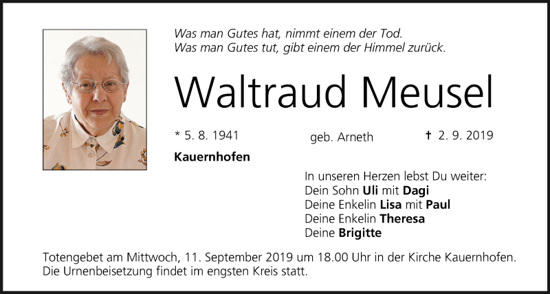  Traueranzeige für Waltraud Meusel vom 07.09.2019 aus MGO