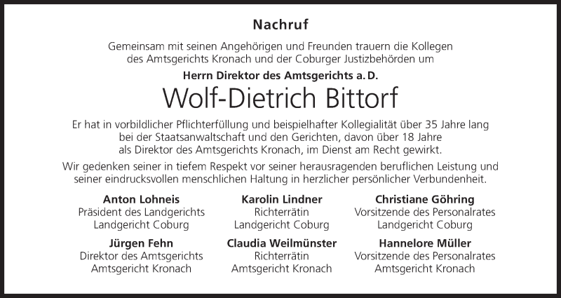  Traueranzeige für Wolf-Dietrich Bittorf vom 28.09.2019 aus MGO