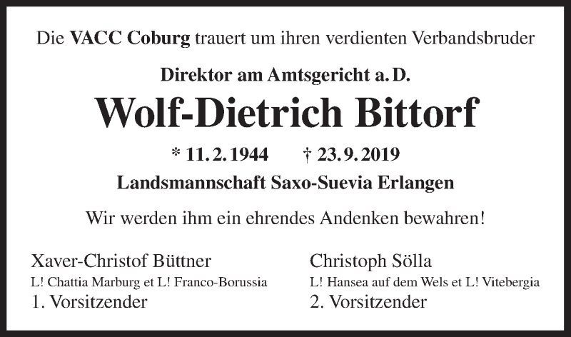  Traueranzeige für Wolf-Dietrich Bittorf vom 27.09.2019 aus MGO