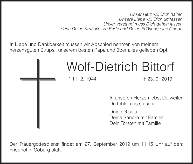  Traueranzeige für Wolf-Dietrich Bittorf vom 25.09.2019 aus MGO