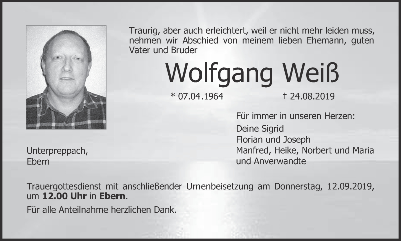  Traueranzeige für Wolfgang Weiß vom 07.09.2019 aus MGO