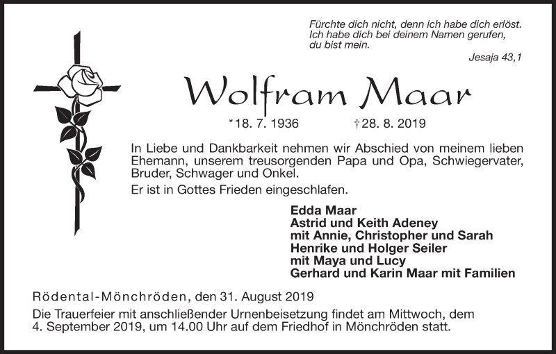  Traueranzeige für Wolfram Maar vom 31.08.2019 aus MGO