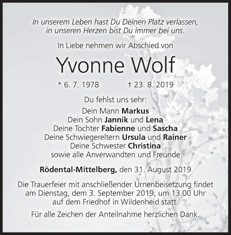  Traueranzeige für Yvonne Wolf vom 31.08.2019 aus MGO