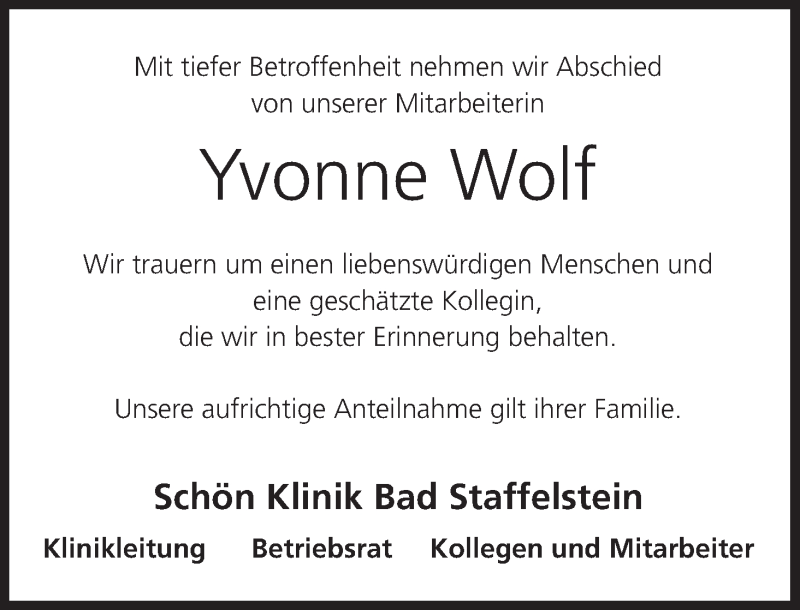  Traueranzeige für Yvonne Wolf vom 31.08.2019 aus MGO