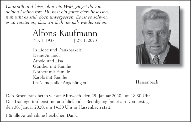  Traueranzeige für Alfons Kaufmann vom 28.01.2020 aus MGO
