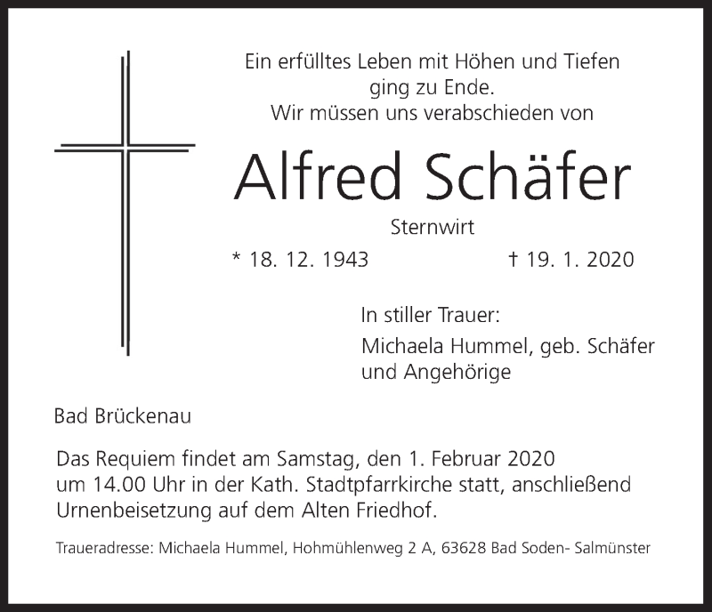 Alfred Schäfer | Traueranzeige | trauer.inFranken.de