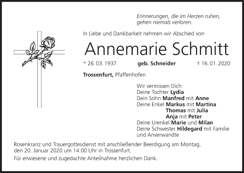  Traueranzeige für Annemarie Schmitt vom 18.01.2020 aus MGO