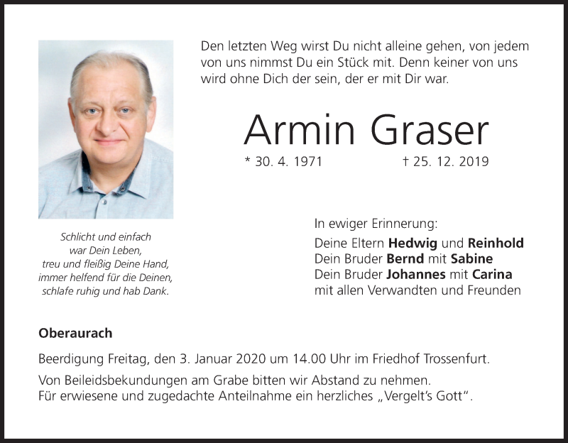  Traueranzeige für Armin Graser vom 31.12.2019 aus MGO