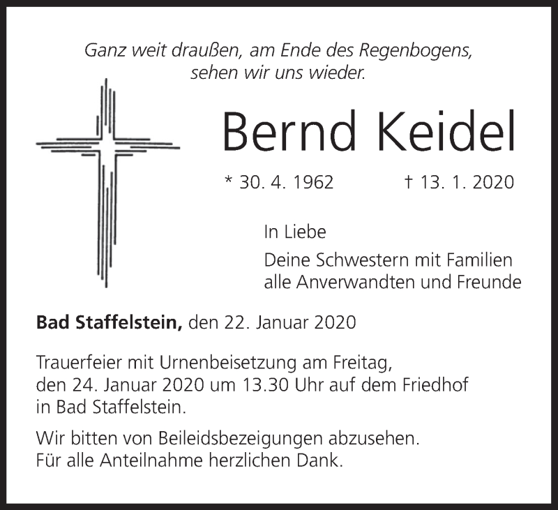  Traueranzeige für Bernd Keidel vom 22.01.2020 aus MGO