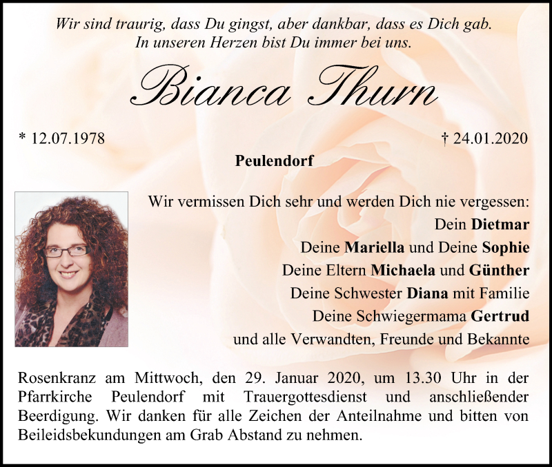  Traueranzeige für Bianca Thurn vom 25.01.2020 aus MGO