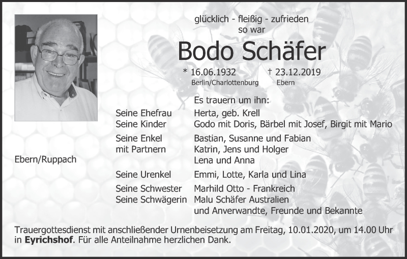  Traueranzeige für Bodo Schäfer vom 07.01.2020 aus MGO