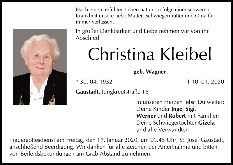  Traueranzeige für Christina Kleibel vom 14.01.2020 aus MGO