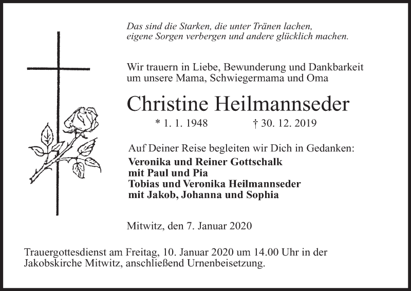  Traueranzeige für Christine Heilmannseder vom 07.01.2020 aus MGO