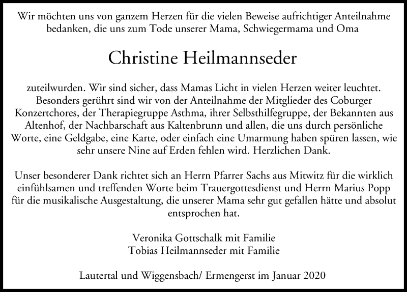  Traueranzeige für Christine Heilmannseder vom 18.01.2020 aus MGO