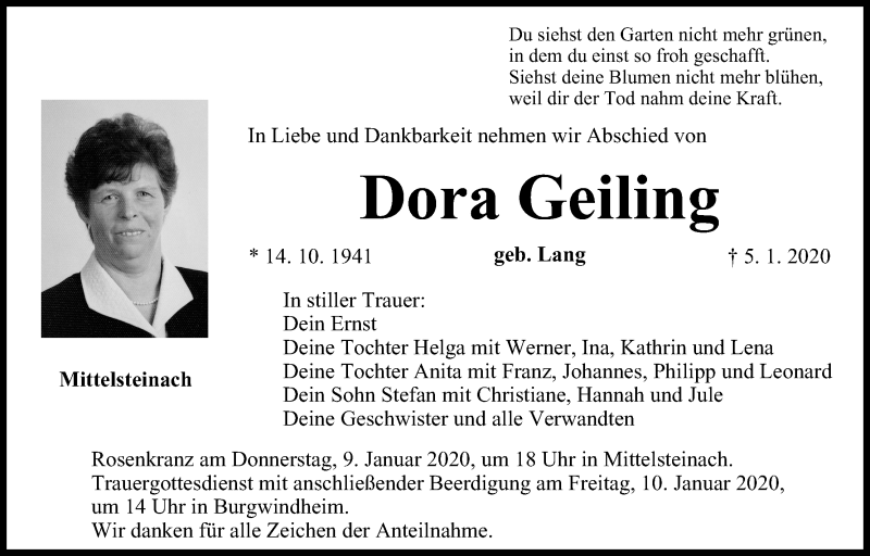 Traueranzeige für Dora Geiling vom 08.01.2020 aus MGO