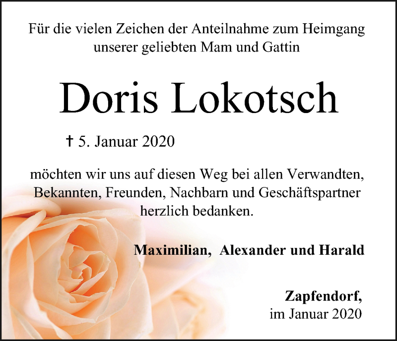  Traueranzeige für Doris Lokotsch vom 18.01.2020 aus MGO