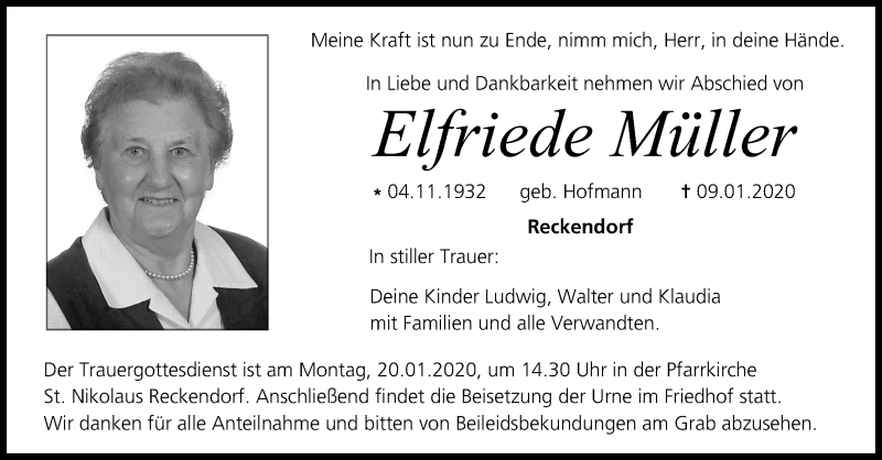 Traueranzeige für Elfriede Müller vom 17.01.2020 aus MGO