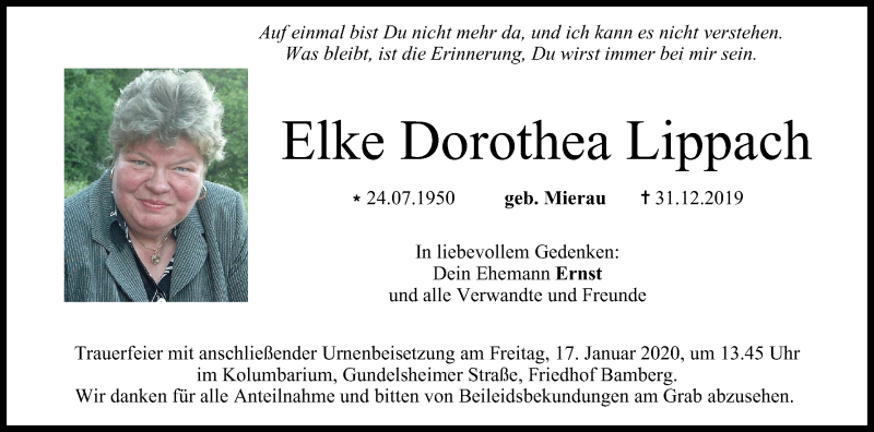  Traueranzeige für Elke Dorothea Lippach vom 11.01.2020 aus MGO