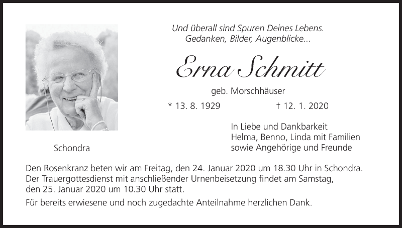  Traueranzeige für Erna Schmitt vom 18.01.2020 aus MGO