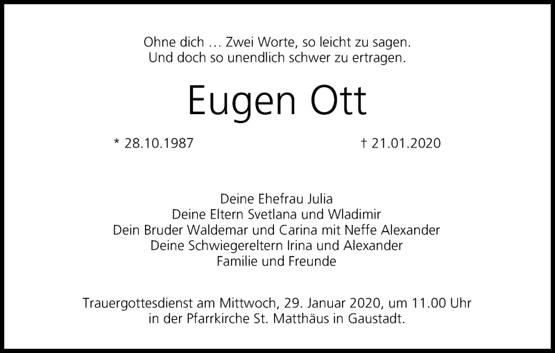  Traueranzeige für Eugen Ott vom 25.01.2020 aus MGO