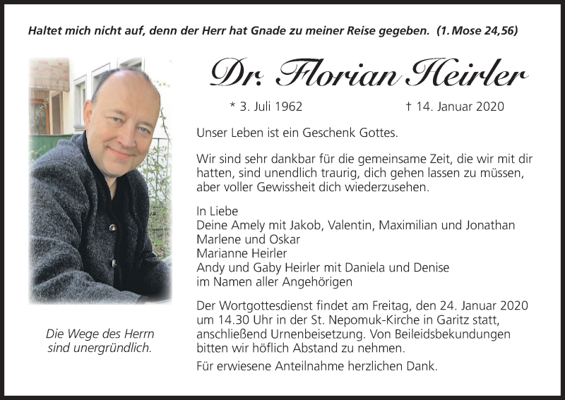  Traueranzeige für Florian Heirler vom 21.01.2020 aus MGO