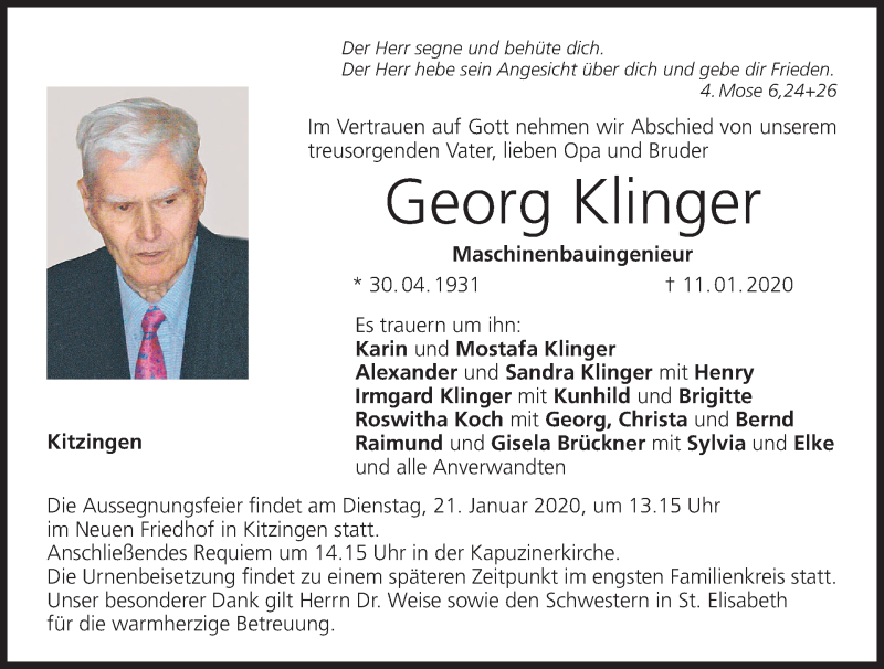  Traueranzeige für Georg Klinger vom 17.01.2020 aus MGO