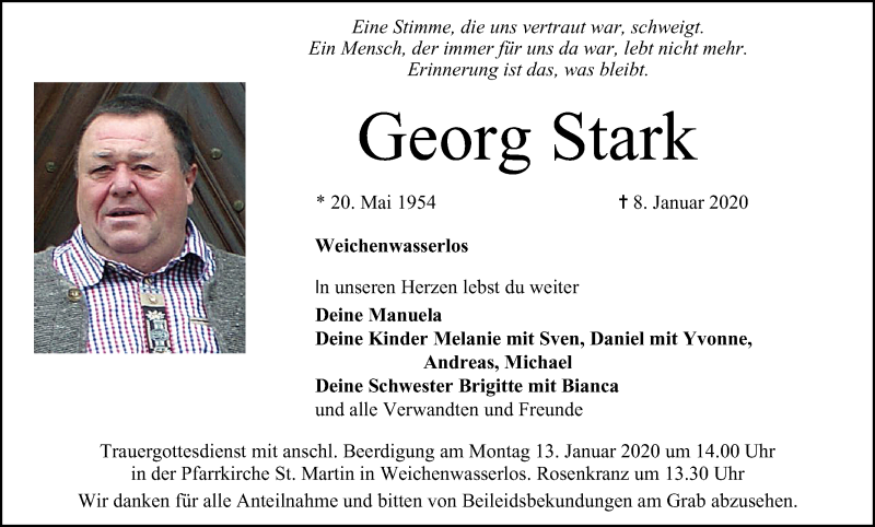  Traueranzeige für Georg Stark vom 11.01.2020 aus MGO