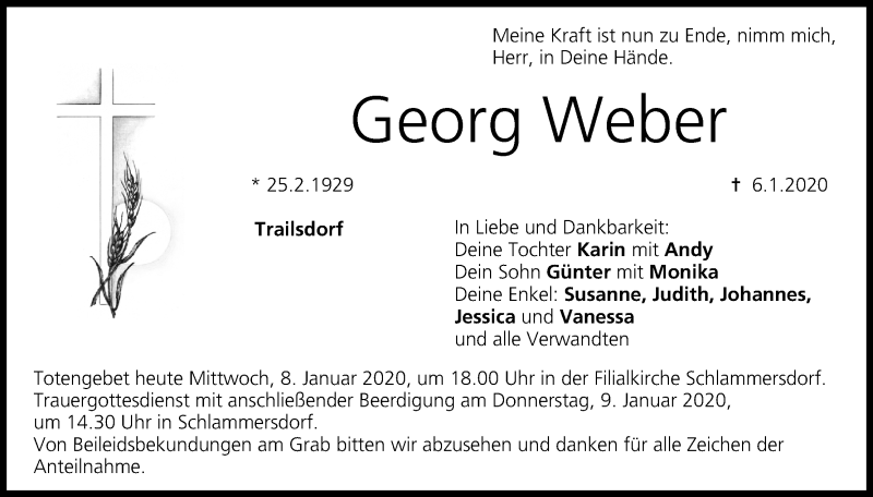  Traueranzeige für Georg Weber vom 08.01.2020 aus MGO