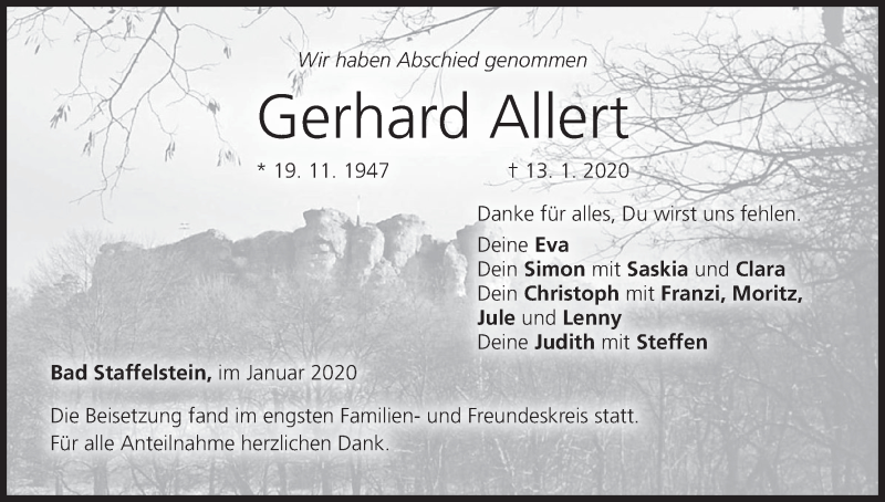 Traueranzeige für Gerhard Allert vom 25.01.2020 aus MGO