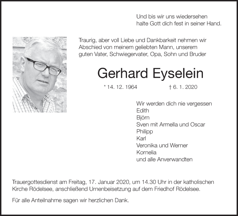  Traueranzeige für Gerhard Eyselein vom 14.01.2020 aus MGO