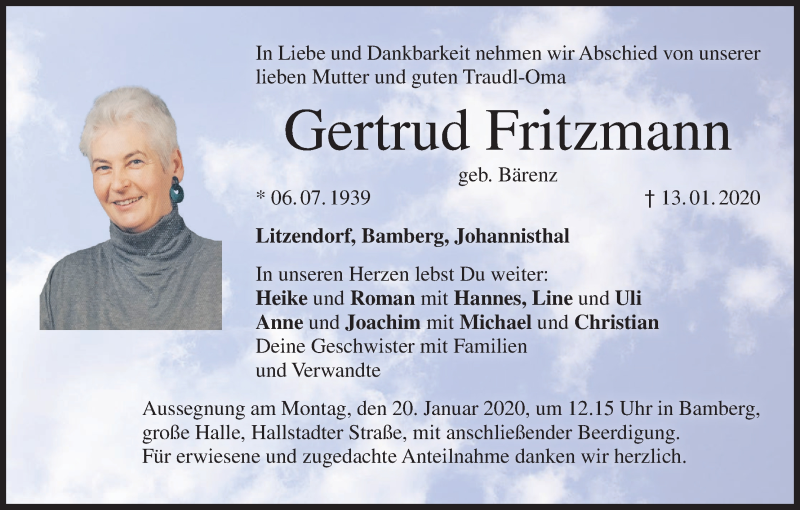  Traueranzeige für Gertrud Fritzmann vom 16.01.2020 aus MGO