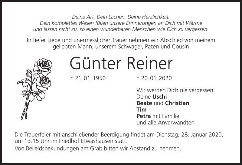  Traueranzeige für Günter Reiner vom 25.01.2020 aus MGO