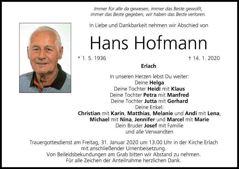  Traueranzeige für Hans Hofmann vom 25.01.2020 aus MGO