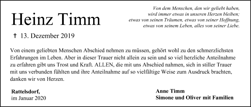  Traueranzeige für Heinz Timm vom 04.01.2020 aus MGO