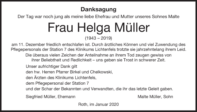  Traueranzeige für Helga Müller vom 04.01.2020 aus MGO