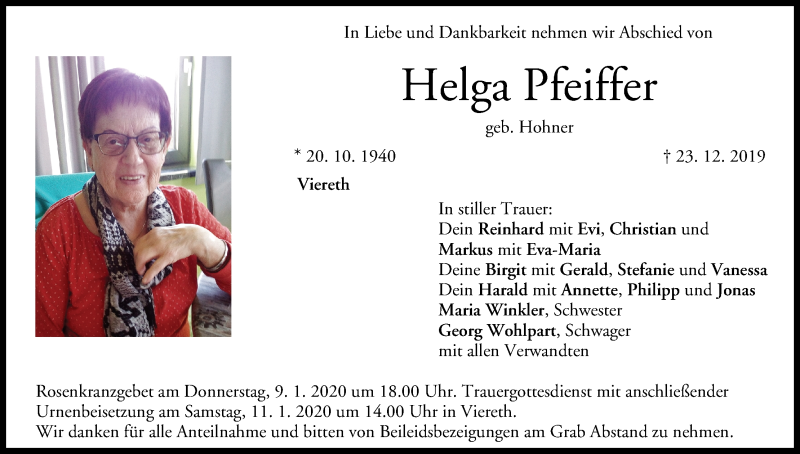  Traueranzeige für Helga Pfeiffer vom 07.01.2020 aus MGO