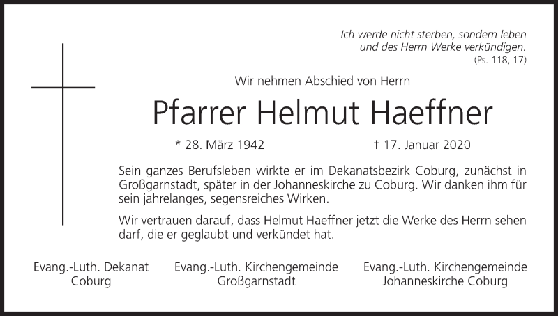  Traueranzeige für Helmut Haeffner vom 25.01.2020 aus MGO