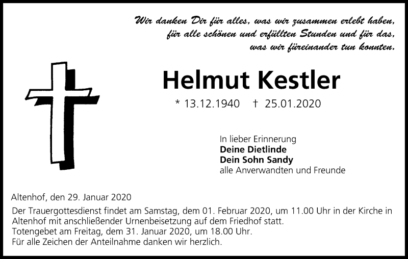  Traueranzeige für Helmut Kestler vom 29.01.2020 aus MGO