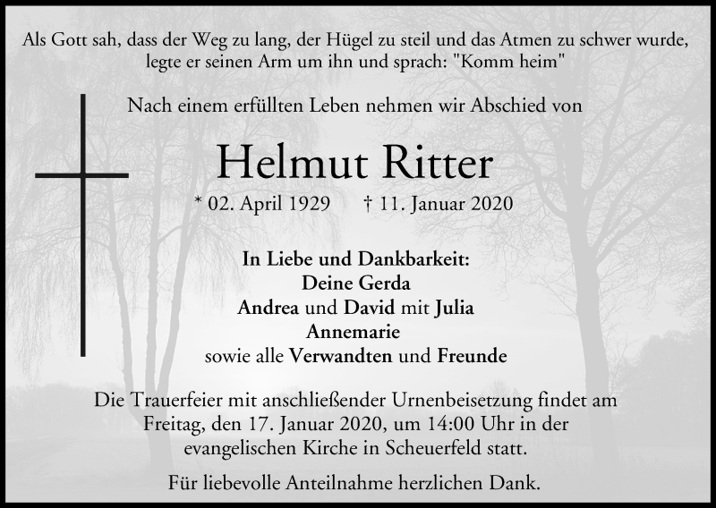  Traueranzeige für Helmut Ritter vom 15.01.2020 aus MGO